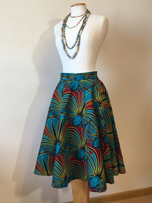 Jupe en wax 100% cotonréalisée à la main, fabrication française,