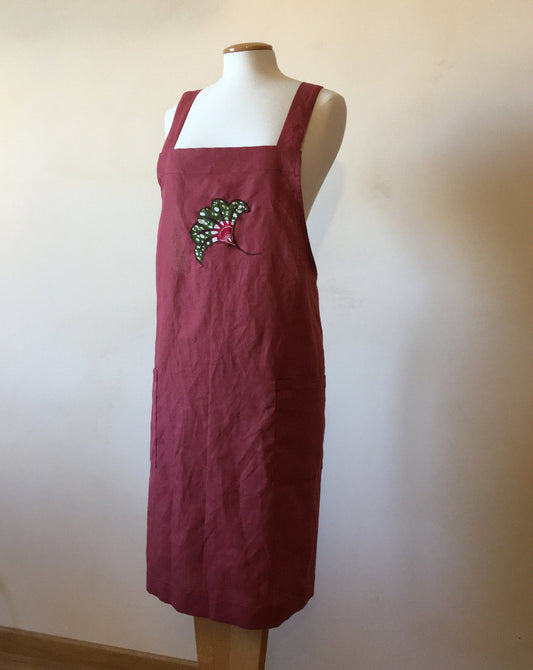 tablier japonais de couleur brique en tissu mélangé lin et coton